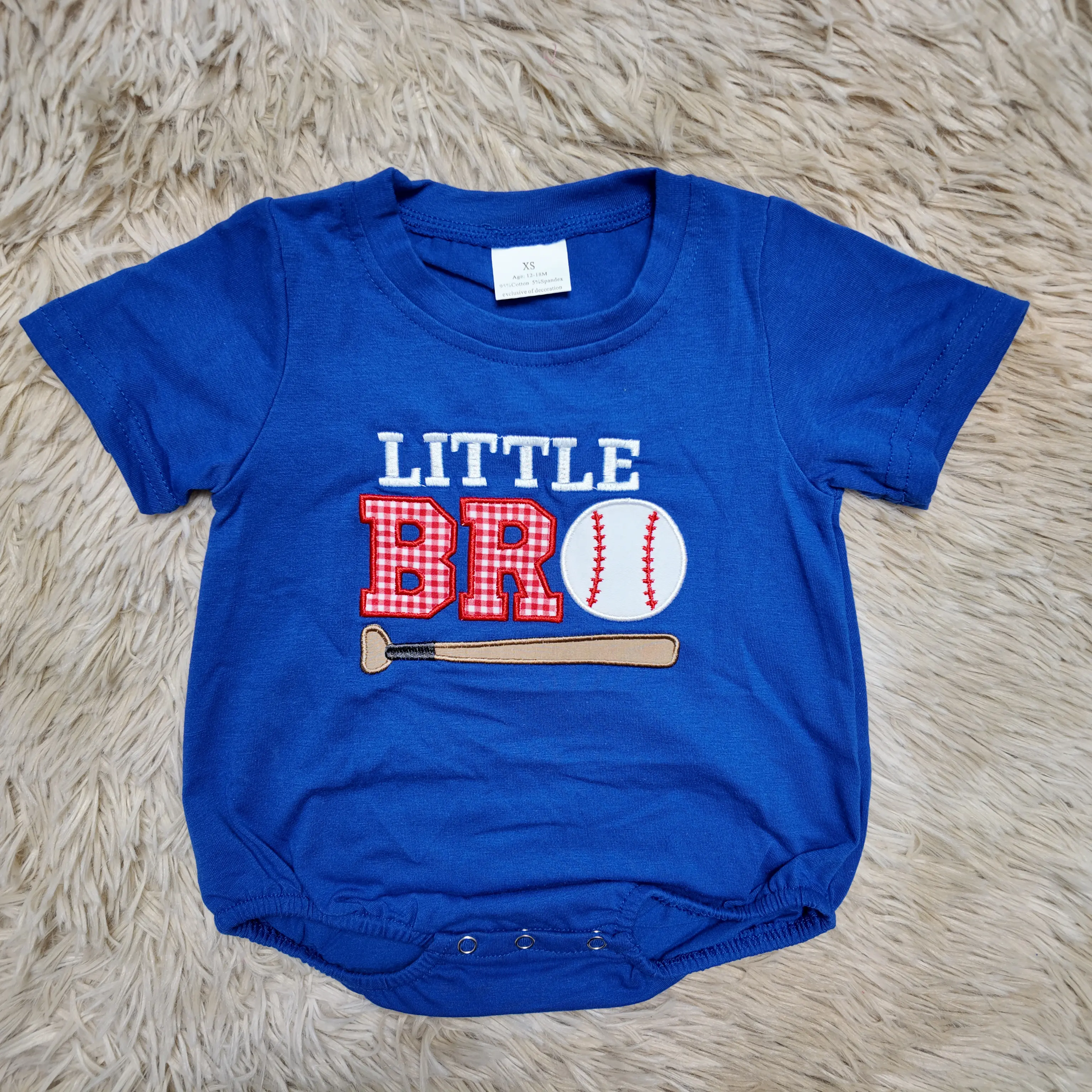 Baby Boy Cotton Bubble Romper - Short-Sleeve, Blue, Little Bro Baseball Embroidery, Baby Bodysuit Clothing, Bodysuit Outfit, Clothes