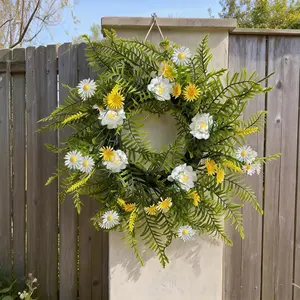 55cm/21.76in Realistic Flower Wreath, Spring Summer Home Outdoor Garden Decor, Door Wall Stair Rail Decoration, Easter Valentine Mother's Day Party Decor, Hanging Simulated Daisies