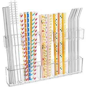 9.5" Large  Straw Holder for Cabinet Door- Tumbler Straw Organizer with Ultra Sticky Adhesive Tape ,Plastic Kitchen Accessories Container for Inside Cupboard Door (Transparent)