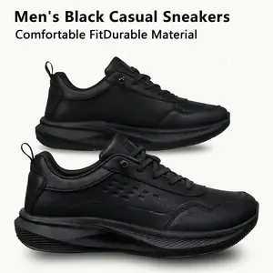 Men's All-Black Leather Casual Sneakers, Lightweight Cushioned Athletic Shoes with Non-Slip Sole for Everyday Active Wear