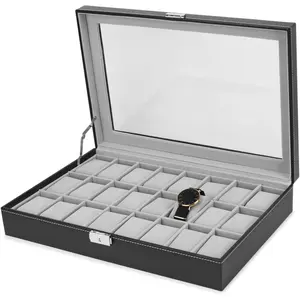 Watch Box, 24 Slots Mens Watch Organizer Lockable Jewelry Display Case with Large Acrylic Lid Black Faux Leather