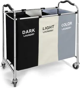 Multi-Section Wheeled Laundry Basket with Dark Light & Color Compartments for Efficient Sorting
