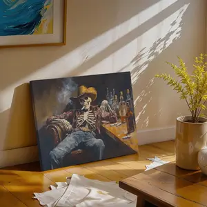 Wild West Remnants: Skull Cowboy Oil Painting Poster in a Bar | Western-Style Posters | Cowboy Artwork | Road Trip Souvenirs | Southwestern-Style Posters