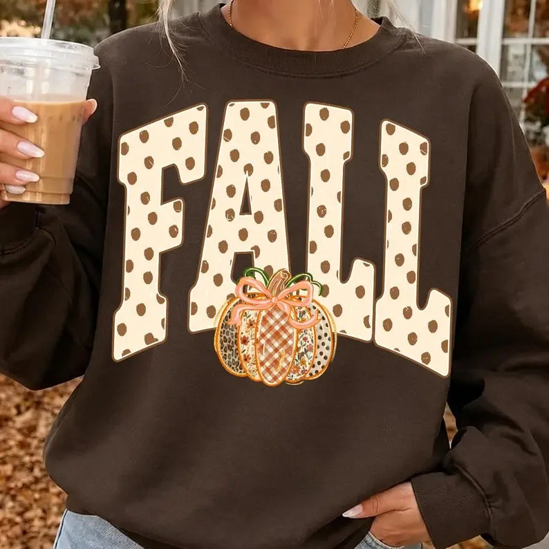 Preppy Fall Polka Dot Sweatshirt, Coquette Floral Autumn Pullover, Retro Pumpkin Bow Sweater, Thanksgiving Pumpkin Spice Sweatshirt, Leopard Print Fall Style