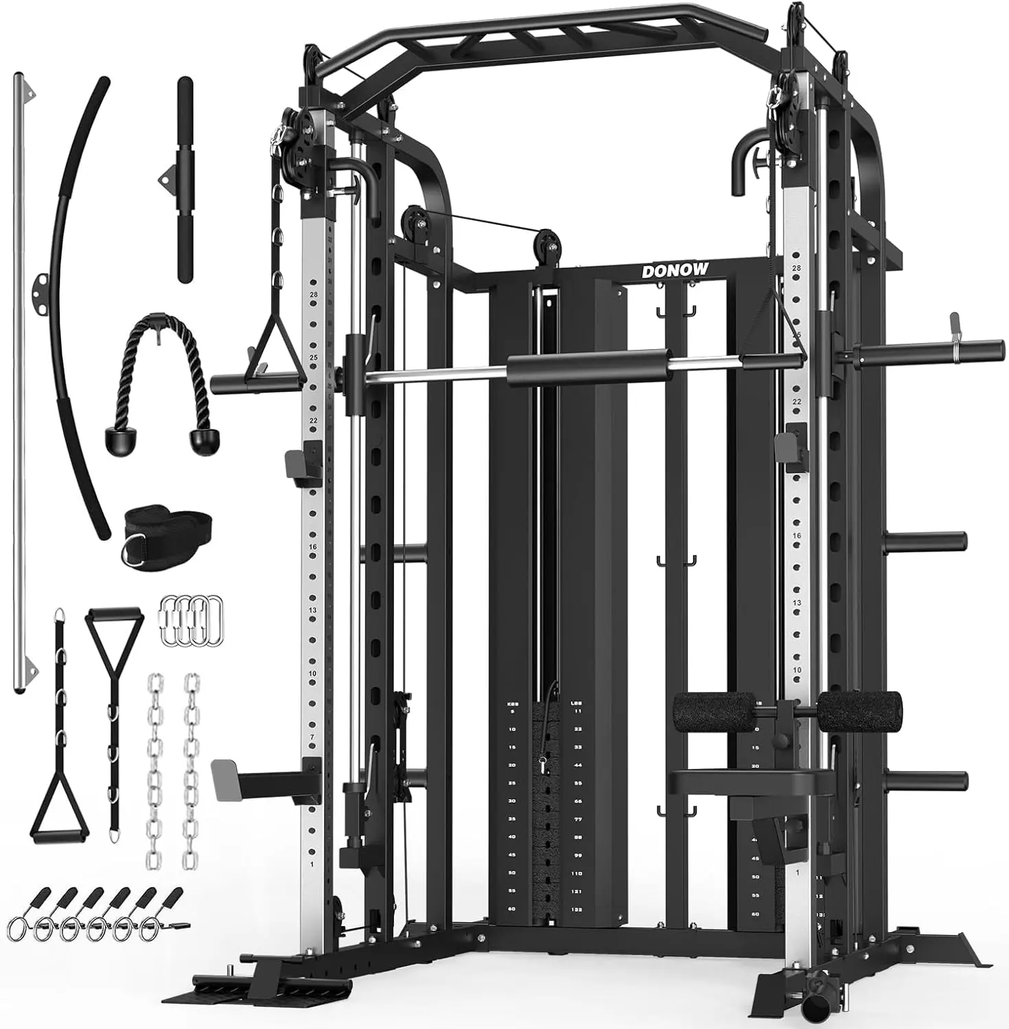 DONOW Smith Machine with Weight Stacks Home Gym System Cable Crossover | Multi Function, All in One, Heavy Duty, Lat Pulldown Bench, Hip Thrust Attachment, Smooth Smith Bar and Cable System