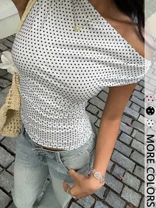 Women Polka Dot Asymmetric Ruched Tight Fitting Waisted Top With Slanted Shoulder Sleeve, Elegant Casual Versatile Summer Wear, Suitable For Petite