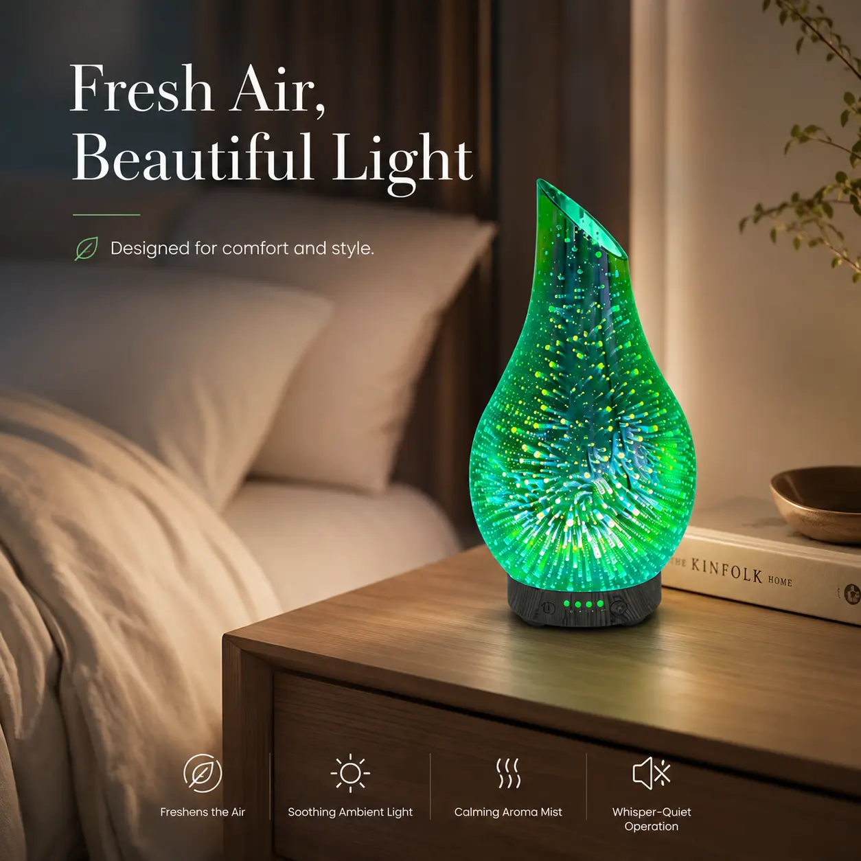 3D Firework Glass Ultrasonic Essential Oil Diffuser - Aroma Humidifier with 7-Color Changing Night Light, Wood Grain Base, Auto-Off Function for Home, Bedroom, Holiday Gift