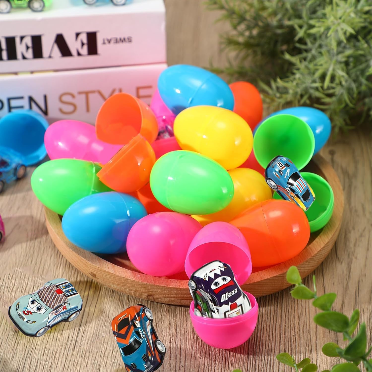 24PCS Easter Eggs with Pullback Cars – Colorful Plastic Eggs for Easter Egg Hunt, Party Favors, Basket Fillers for Kids Boys & Girls