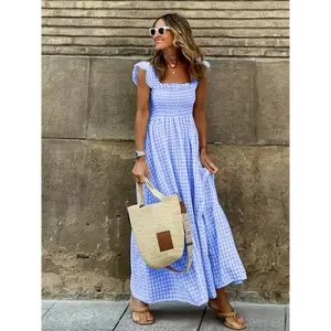 Women's Elegant Blue & White Gingham Smocked Waist Square Neck Dress - Fitted Long Sleeve Midi Dress, Machine Washable All-Season Casual to Formal Wear, Long Sleeve Dresses