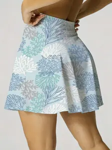 Summer Women's Lightweight Sporty Tennis Skirt and Shorts Set with Pockets, Coral Pattern Print, Ideal for Running Yoga Fitness