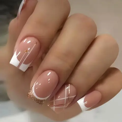 24pcs Medium Long Press On Nails Square Fake Nails With Bling White Golden Grid Designs - Nail Art, Nail Care