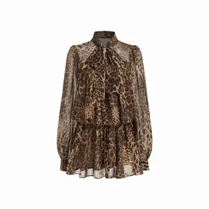 Cider Chiffon Leopard Print Stand Collar Ruffled Oversized Babydoll Mini Dress