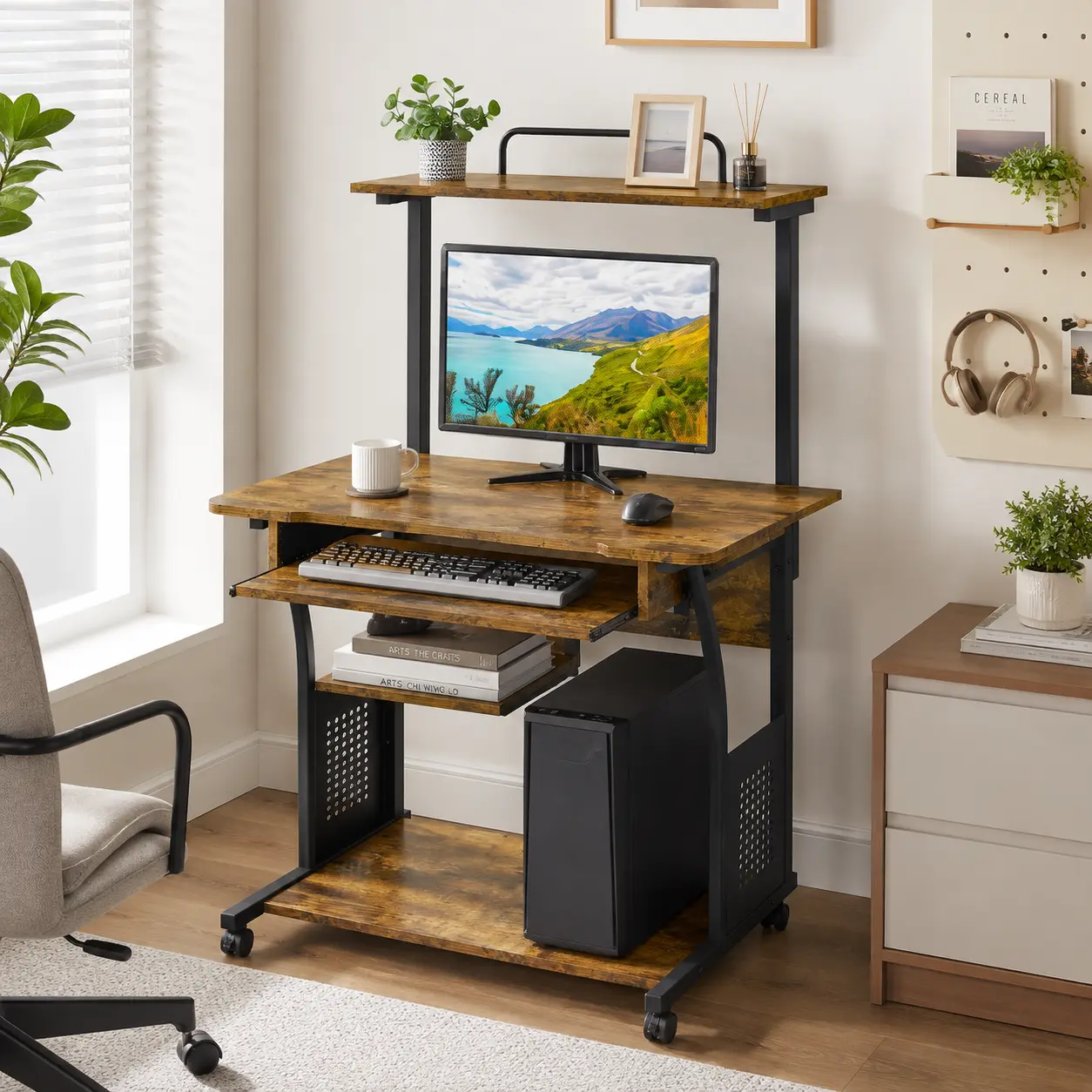 Costoffs 3-Tier Portable Laptop Desk - Sturdy Office Furniture with Iron Frame, Particle Board, Rolling Casters, Slide-Out Keyboard Tray, Printer Shelf Ready, Desk Organizer, 51lb Capacity, Furniture for Small Spaces, Home Office PC/Gaming Setup