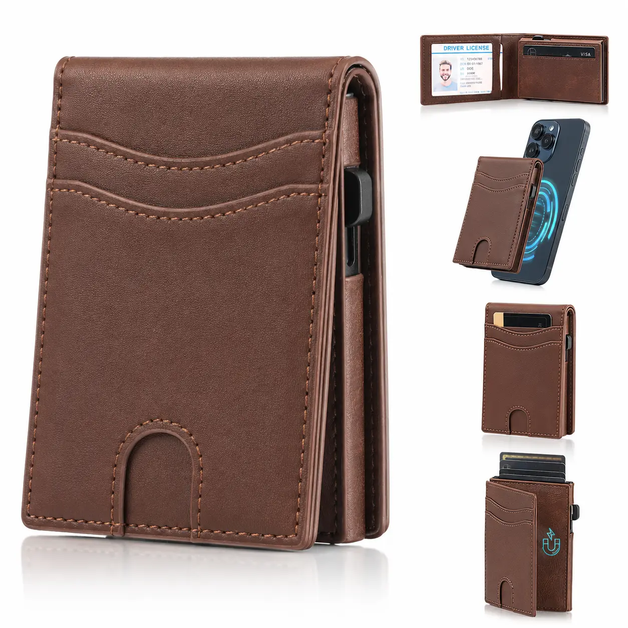 Men's Slim RFID Blocking Leather Wallet, RFID Theft Proof Credit Card Holder, Driver License Holder with Multiple Card Slots Secure Card Storage Credit Card Organizer Contactless Card Holder