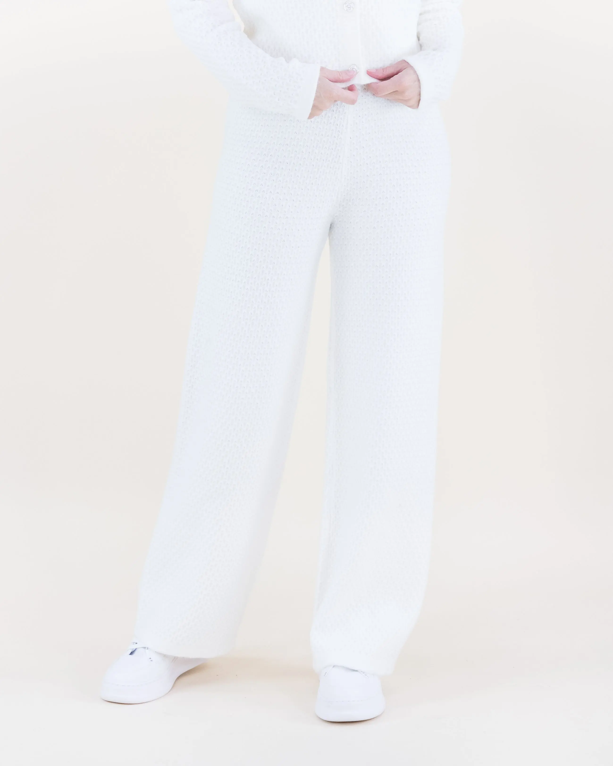 Honeycomb Stitch High Waisted Wide Leg Knitted Pants - Elegant Minimal All Seasons Fitted Pants in Black & White - Soft Textured Knit with Gentle Stretch Waistband - Perfect for Matching with Cardigans