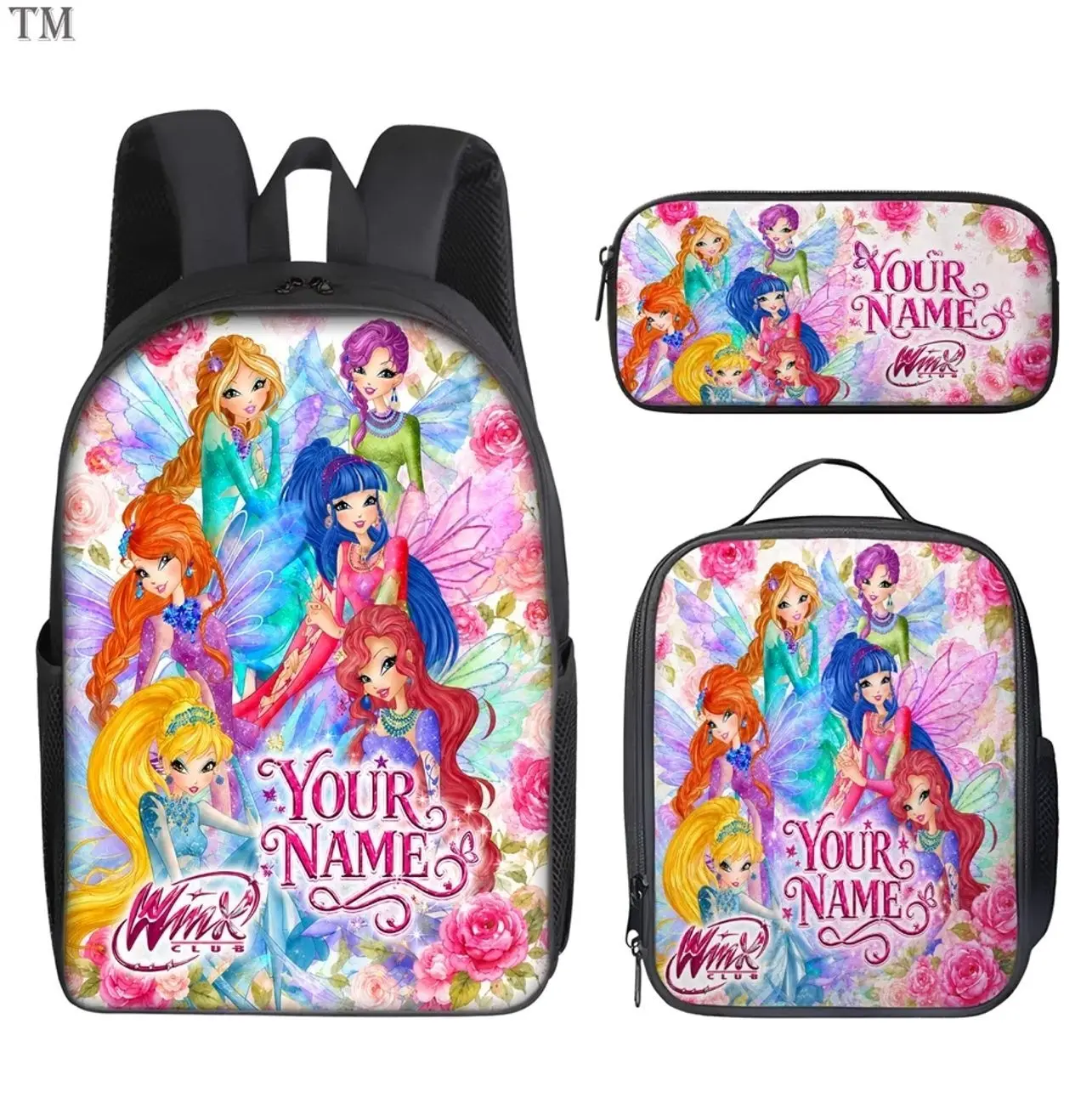 Cute Sparkle Fairy Club 3-Piece Schoolbag Set | Personalized Bookbag Lunch Tote Pencil Pouch | Fun Gift for Girls & Teens