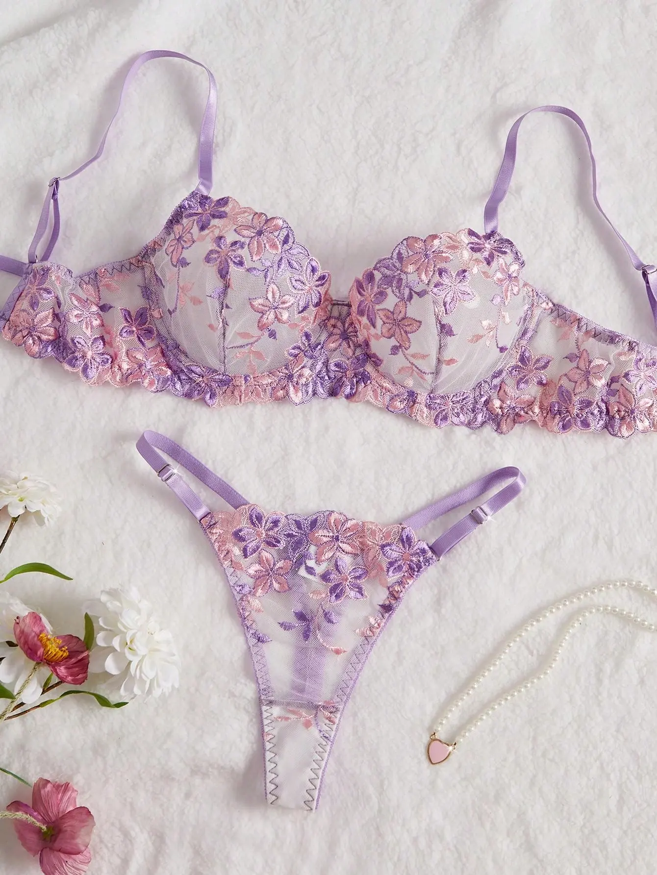 Embroidery Mesh Lingerie Set For Women