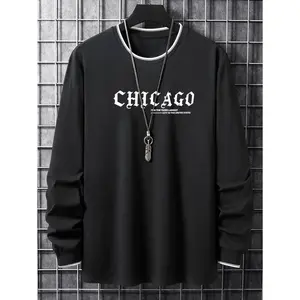 Chicago Print Men's Street Daily Long Sleeve High Stretch T-shirt, Casual Top, Black Crewneck, Polyester Fabric, Men's Clothing Hoodie Sweatshirt Gamis graphic t-shirts graphic tee men gifts good graphic tees 90s graphic tees hell star funny tshirt men's