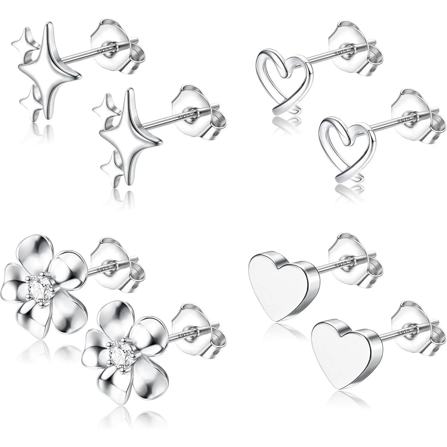 CASSIECA Stud Earrings Stack for Women Sterling Silver Post Earrings Stack for Sensitive Ears Hypoallergenic Dainty Simple Flower Star Heart Stud Earrings Stack for Women Pierced Earrings Stack Jewelry Gifts, Earrings Set Earrings SummerVibes