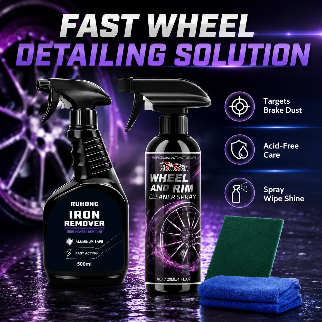 Ultimate Automotive Rust Remover Spray Non Acid Wheel & Rim Cleaner Quickly Removes Brake Dust Iron Removal Metal Surfaces Polish Safe for All Vehicles Detailing