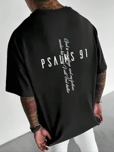 Psalms 91 Christian Bible Verse Graphic T-Shirt, Cross Scripture Print Oversized Tee, Men's Short Sleeve Crew Neck Shirt, Trendy Faith Aesthetic Cotton Top for Believers, Christian Fans and Religious Streetwear Enthusiasts