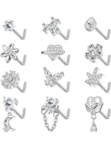 Exquisite 12 Pcs Silvery Trendy 20G Nose Studs Copper 304 Stainless Steel Nose Rings for Women Men L Shaped Corkscrew Dangle Nose Studs Rings Piercing Jewelry Dazzling CZ Heart Moon Butterfly Nose Rings Studs Jewelry Set Nose Piercings Kit