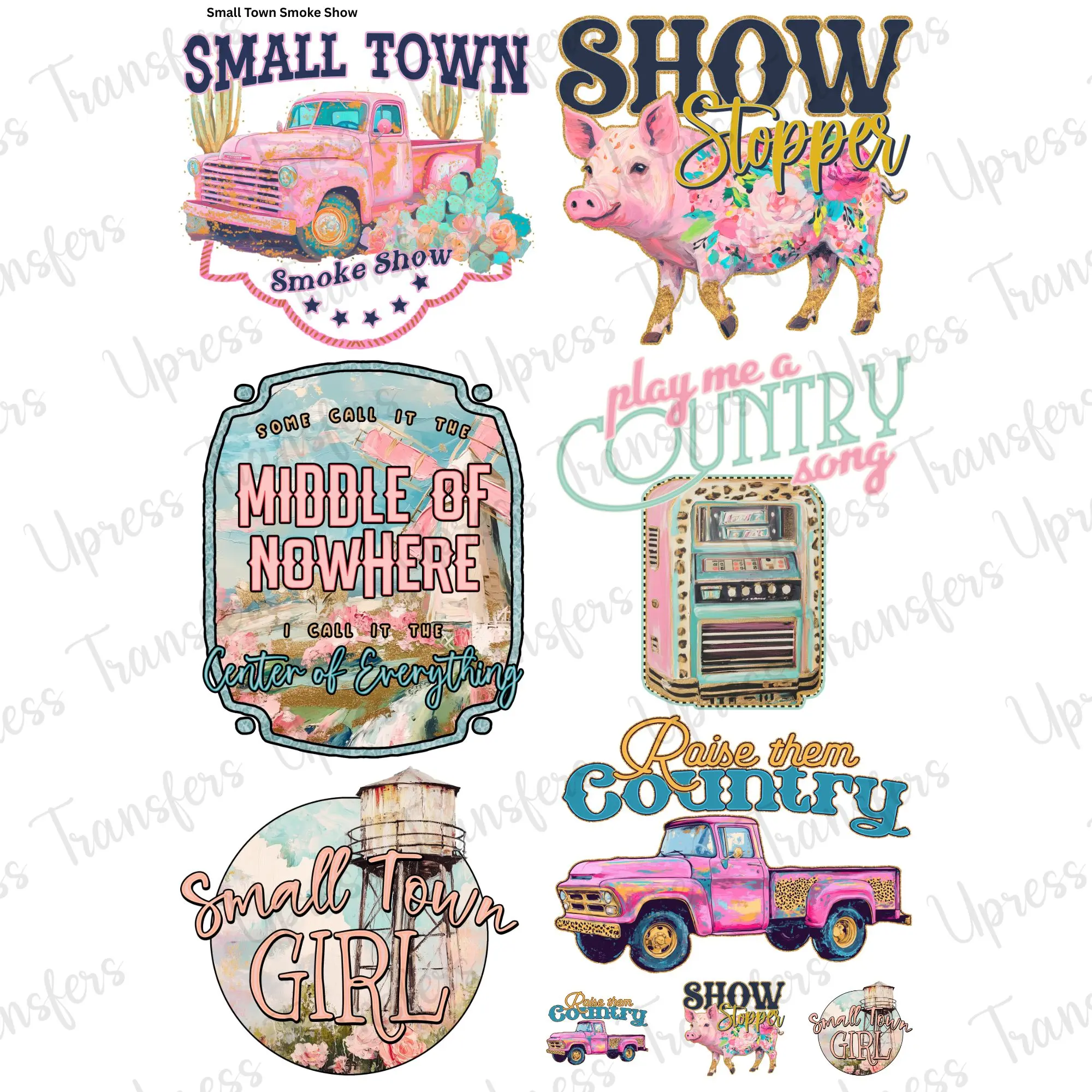 Small Town Smoke Show Mini DTF Transfer Gang Sheet 24.5" wide x 36" long. Direct To Film Mini Gang Sheet