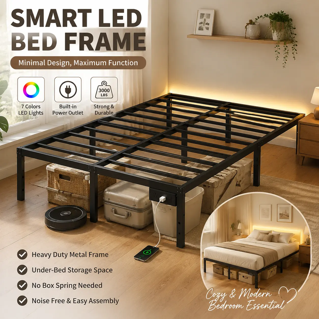 Heavy Duty Metal Bed Frame with Built-in Charging Station, 14 Inch Smart Storage Mattresses Foundation, 3000 lbs Max Weight Capacity, No Box Spring Needed (Twin/Full/Queen/King)