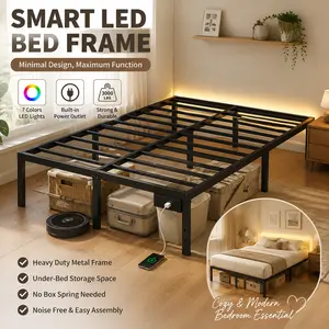 Heavy Duty Metal Bed Frame with Built-in Charging Station, 14 Inch Smart Storage Mattresses Foundation, 3000 lbs Max Weight Capacity, No Box Spring Needed (Twin/Full/Queen/King)