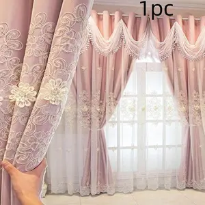 1pc Dreamy 3D Dual-Layer Floral Embroidered Window Curtain, Wave-Style Header Drapery, Suitable for Various Styles Living Room Bedroom Spaces