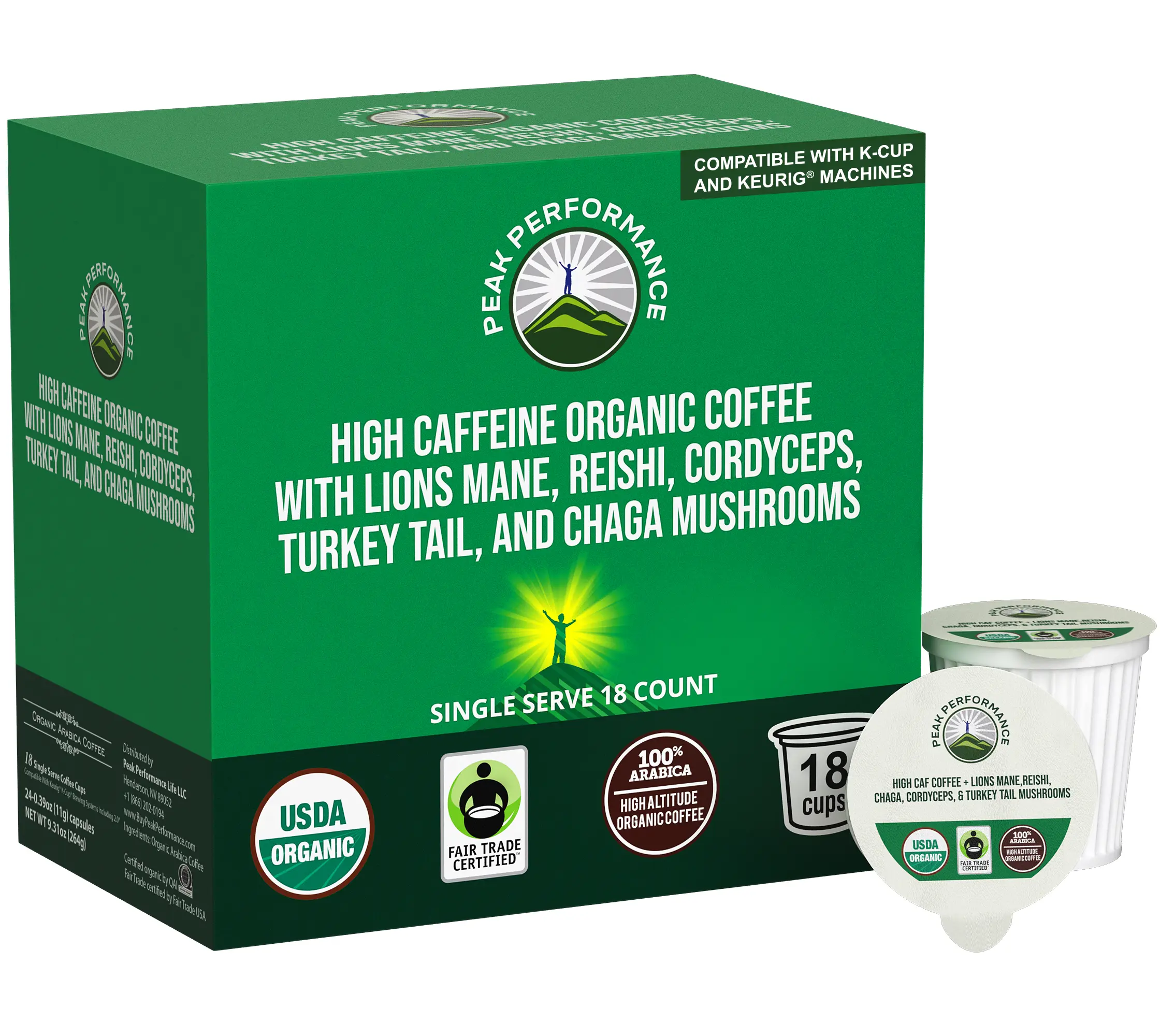 Peak Performance High Caffeine Organic Mushroom Coffee Pods with Lion's Mane, Reishi, Cordyceps, Turkey Tail, and Chaga Mushrooms. 18 Pack! Medium Roast Coffee