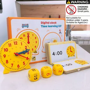 Wooden Clock Set with 3 Time Dice and 12 Cards, Time Learning Toy for Kids, Ideal Christmas and Halloween Gifts, Table Math Games