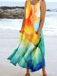 Women's Fashion Plus Size Elegant Geometric Print Dress, Loose Fit Knit Holiday Casual Sleeveless Dress with Pockets, Stylish Summer Womenswear