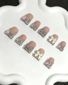 Handmade Style Duck Beak Nail Tip Set - 10 Pcs with Nude, White Bow, AB Diamonds, Small Flower & Cute Kitten Head Decoration