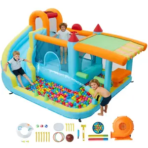 12-in-1 Inflatable Bounce House for Kids with 350W Blower - Giant Bouncy Castle with Water Slide, Climbing Wall, Ball Pit & Basketball Hoop - Indoor/Outdoor Water Park Jump House - Blue, 12ft x 10ft