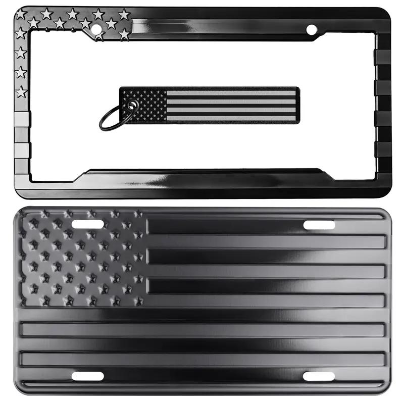American Flag License Plate, Frame, and Key Tag Combo Black-on-Matte Black
