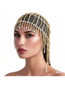 European and American luxury fashion exaggerated ethnic style full diamond tassel headdress stage catwalk personality temperament sparkling diamond headband chain Tiaras