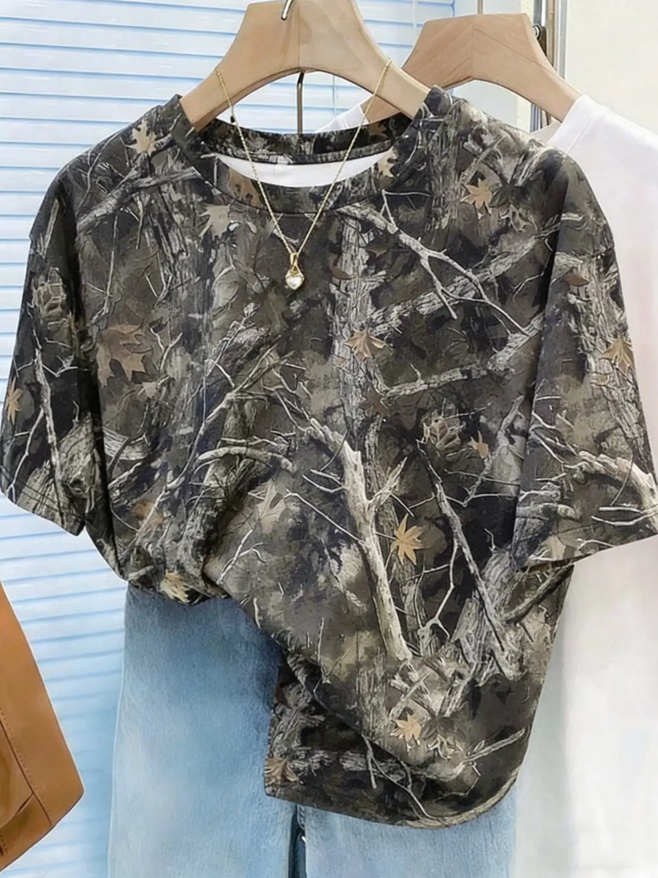 Women's Summer Street Style Casual Camouflage Print Loose Fit T-Shirt, Camouflage Tee, Comfortable Round Neck Drop Shoulder Short Sleeve Top