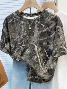 Women's Summer Street Style Fashion Casual Camouflage Print Loose Fit Lightweight T-Shirt, Comfortable Round Neck Drop Shoulder Short Sleeve Top, Casual Chic Top, Streetwear