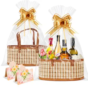 2 Set Baskets for Gifts Empty, Gift Empty Bamboo Basket Large, Foldable Woven Gift Basket with Handle for Baby Baptisms, Mother's Day, Christmas, Housewarming
