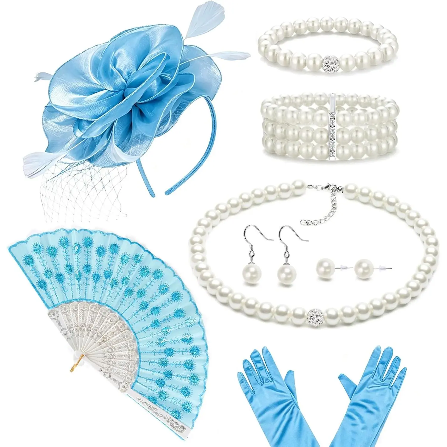Women's Tea Party Costume Accessory Set with Fascinator Hat, Gloves, Fan, and Pearl Necklace for Halloween Cosplay, Accessories, Lady, Cosplay Wear, Pearl Accents