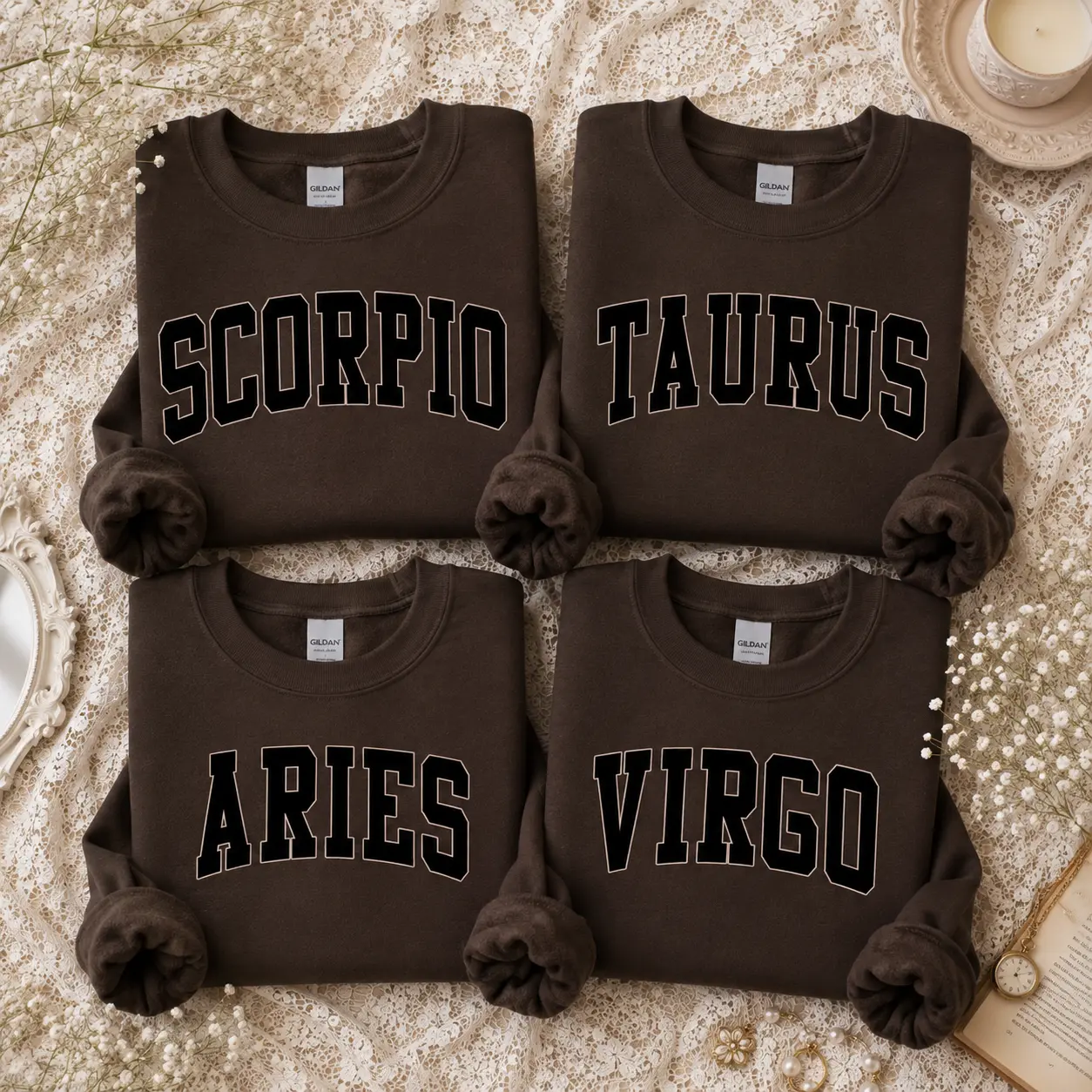 Minimalist Zodiac Sweatshirt, Scorpio Taurus Aries Virgo Crewneck, 12 Zodiac Signs Sweatshirt, Astrology Graphic Pullover, Unisex Horoscope Sweatshirt, Celestial Star Sign Gift, Birthday Gift for Her or Him, Brown Crewneck - DPCLICK