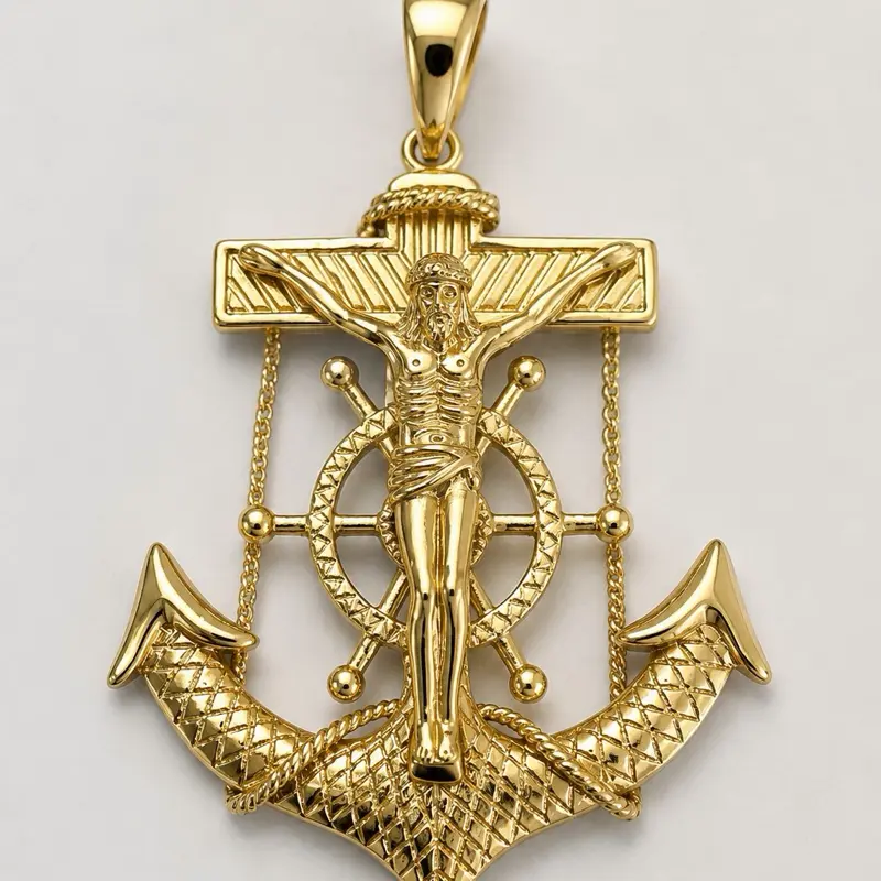 14K Gold Plated Jesus Anchor Crucifix Pendant, Nautical Design, Compatible with 6mm & 8mm Chains