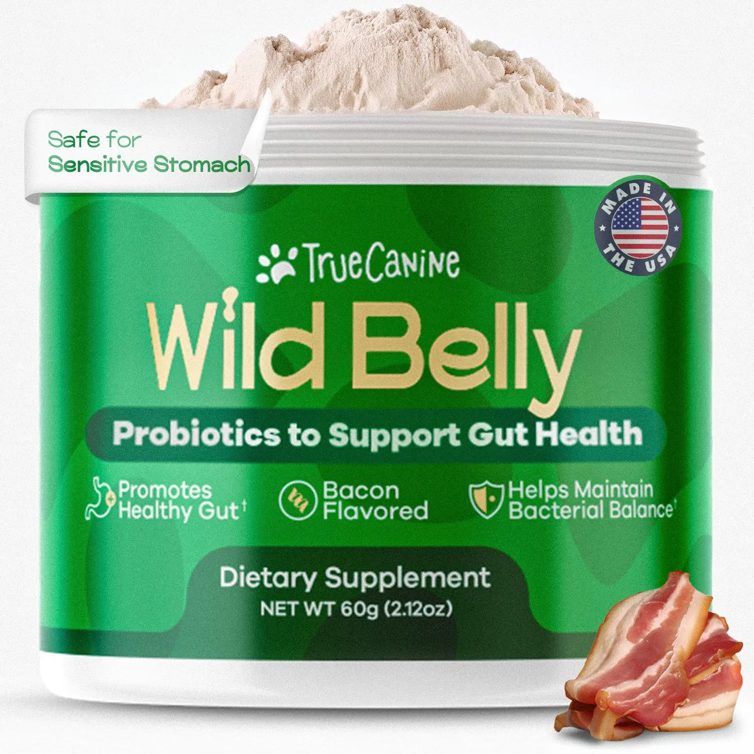 TRUECANINE Wild Belly Probiotics for Dogs 1 Bottle – 8 Strains for Joint, Mobility, Gut Health, Allergy Relief & Anti-Aging – Natural Bacon Flavor