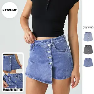 Women's Classy Mid-Rise Asymmetric Button Denim Skorts, Vintage Street Womenswear, Casual Spring & Summer Outfits, Basic Women's Bottom