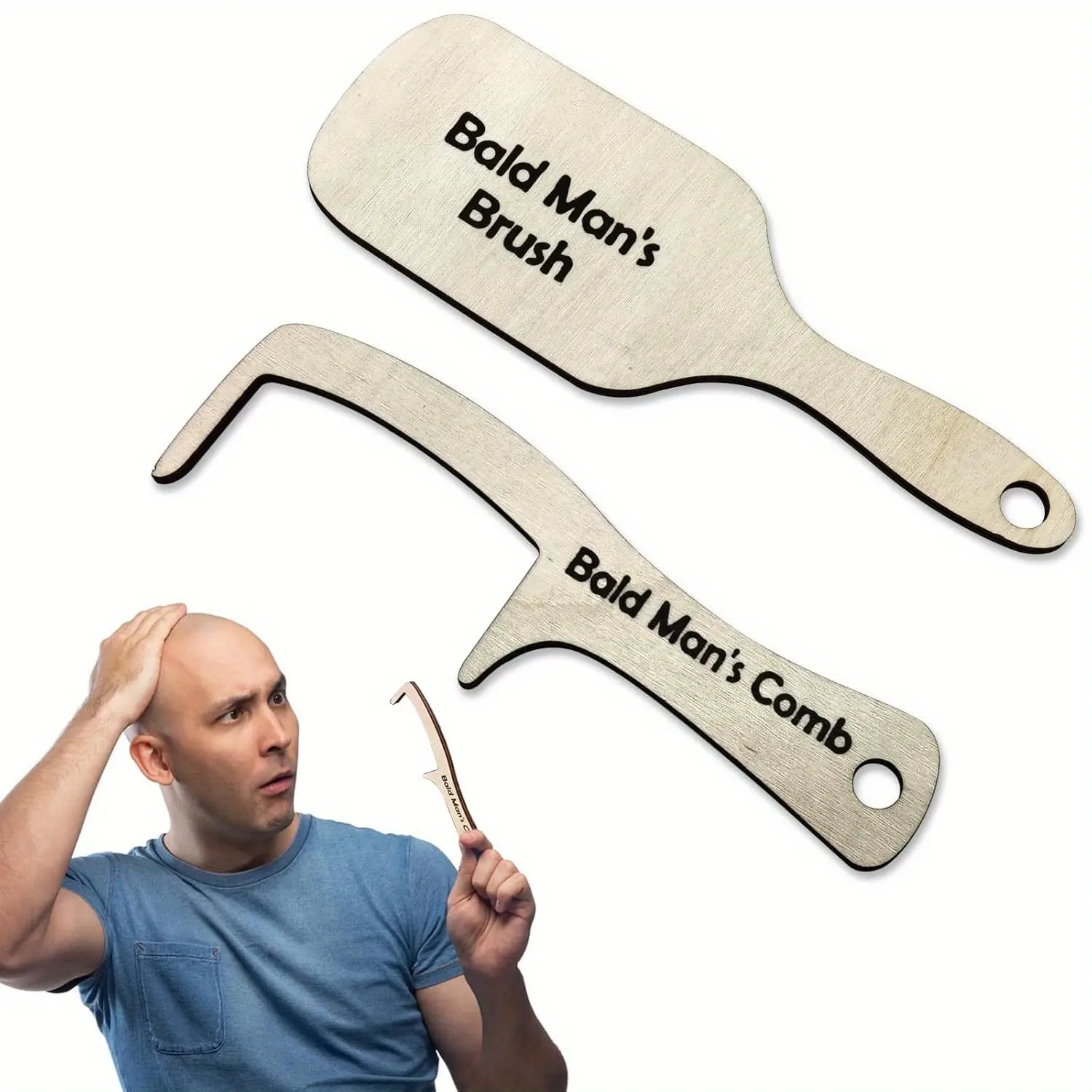 Funny Bald Men Comb Set, Wooden Hairless Toothbrush, Gag Gift for Bald Men, Beauty Tool for Hair Loss, Hair Care Tool, Birthday & New Year Present