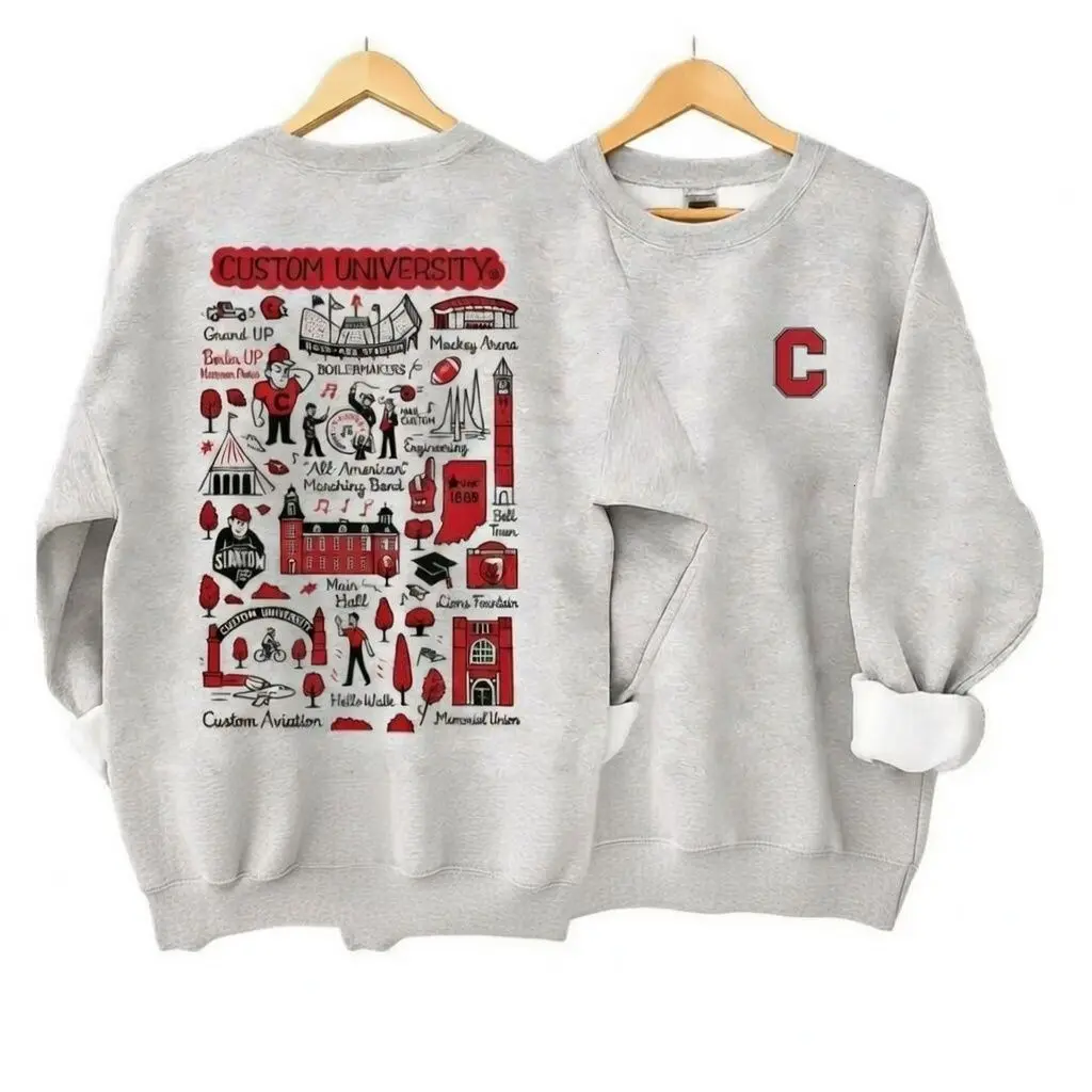 Custom University Hand Sketched Sweatshirt - Ash Grey, Personalized College Crewneck, Game Day Sports Outfit, Gift for Fans, Menswear & Womenswear