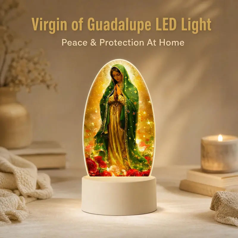 Sacred Our Lady of Guadalupe 3-Color USB Warm Floral Worship Lamp - Ornate Stylish Colorful LED Decorative Atmosphere Light, Catholic Home Religious Gift, Boxed Baptism New House Present with Fast Shipping, LED Accented Desk Decor for Mom