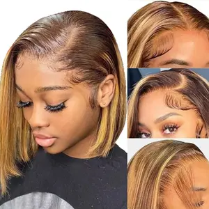 GK 4/27 Highlight Glueless Bob Wig Human Hair 13x4 Lace Frontal Bob Wig 180 Density Short Straight Ombre Colored Blunt Cut Bob Wig for Black Women Brown and Blonde Wigs with Highlights 12 inch