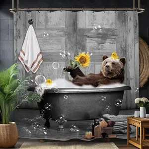 Funny Bear Shower Curtain, Rustic Wooden Farmhouse Cabin Animal Bathroom Decor with Hooks, Bathroom Shower Equipment